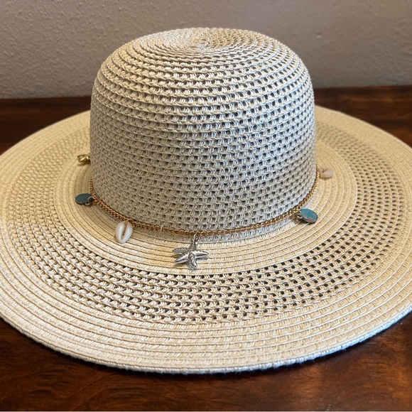 Yumi Woven Straw Hat in Cream and Tan with Beach charms - Picture 1 of 5